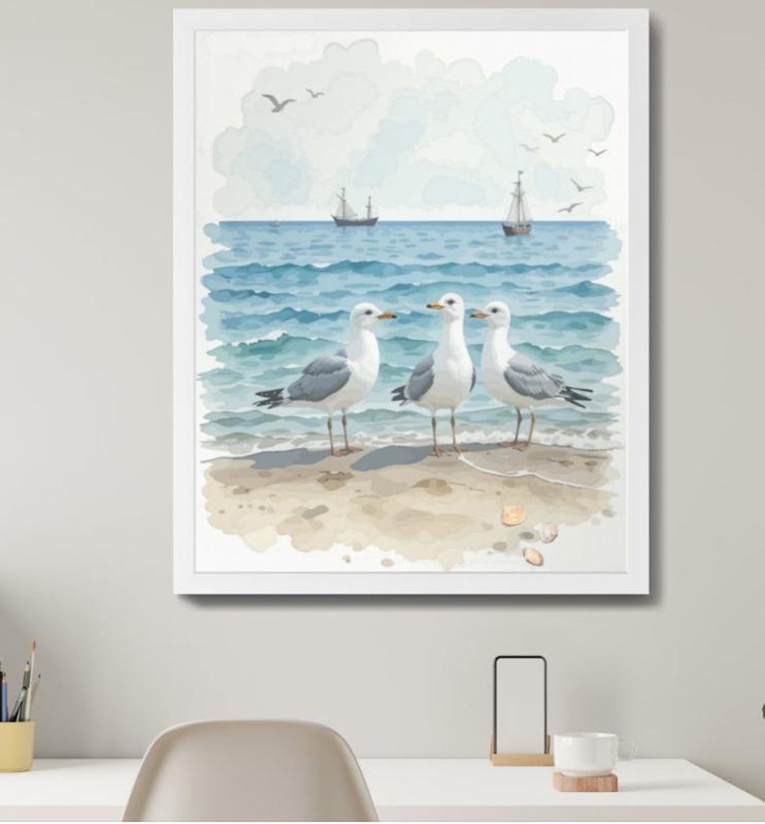 Digital Watercolor Seagulls at the Beach | Coastal Wall Art | Instant ...
