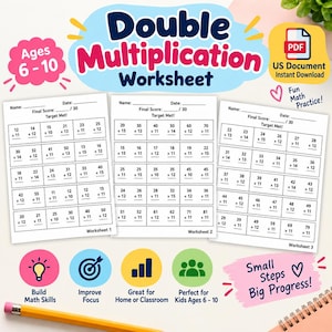 Peut inclure: Un ensemble de fiches de multiplication pour les 6-10 ans, comprenant trois pages de problèmes mathématiques avec des espaces pour les noms, dates et scores. Le design présente des accents bleus, roses et jaunes avec le texte Double Multiplication Worksheet.