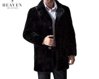 Men's Black Real Mink Fur Coat, Genuine Fur Handmade Winter Jacket, Luxury Elegant Overcoat, Warm Fur Coat, Christmas Gift, Gift For Him