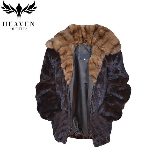 Men's Brown Mink Fur Bomber Jacket With Russian Sable Collar, Genuine Full Skins, Handmade Luxury Winter Coat, All Sizes, Gift for Him & Her
