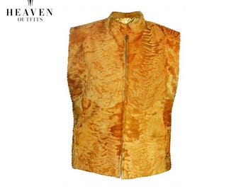 Men's Yellow Persian Lamb Fur Vest, Genuine Karakul Astrakhan Swakara Waistcoat, Handmade Real Luxury Fur Winter Outerwear, Gift For Him