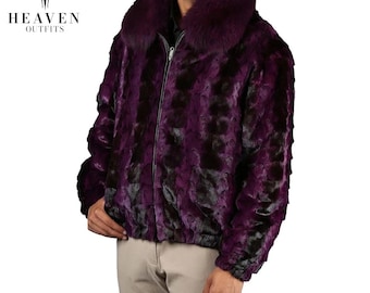 Men's Purple Real Mink Fur Bomber Jacket, Genuine Section Mink Coat, Handmade Luxury Winter Outerwear, Warm Fur Coat, Christmas Gift For Him
