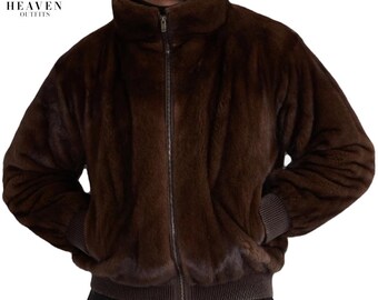 Men's Brown Full Pelt Mink Fur Bomber Jacket – Real Mink Fur Coat – Winter Outerwear – Handmade Vintage Fur Jacket – Elegant Gift For Him