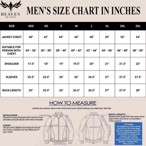 May include: A size chart for men's jackets, displaying measurements in inches. Includes jacket chest, shoulder, sleeve, and back length measurements, along with instructions on how to measure for the best fit.