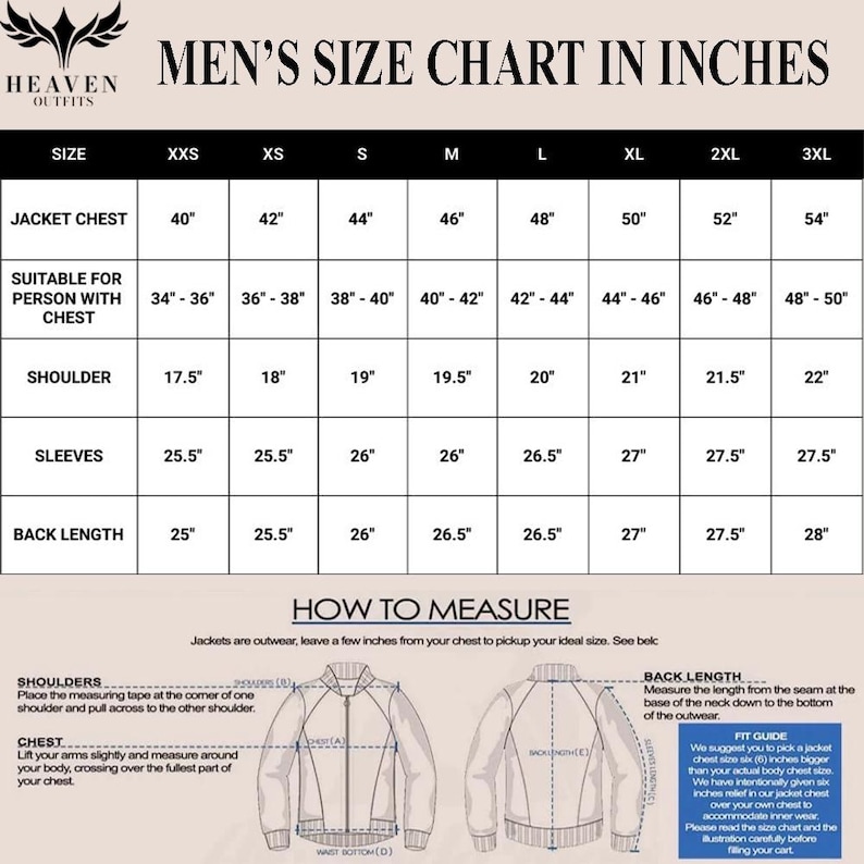 May include: A size chart for men's jackets, displaying measurements in inches. Includes jacket chest, shoulder, sleeve, and back length measurements, along with instructions on how to measure for the best fit.
