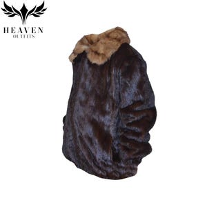 May include: A dark brown faux fur coat with a light brown fur collar. The coat has a soft, textured appearance and is designed with a classic silhouette. The logo "HEAVEN OUTFITS" is visible in the upper left corner.