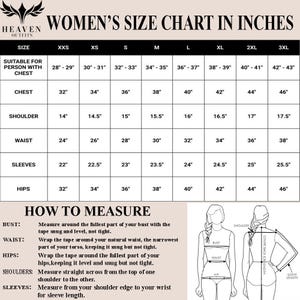May include: A size chart for women's clothing, in inches, with measurements for chest, shoulder, waist, sleeves, and hips. Includes instructions on how to measure bust, waist, hips, shoulders, and sleeves. The chart ranges from XXS to 3XL.