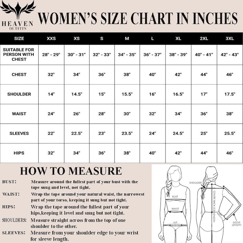 May include: A size chart for women's clothing, in inches, with measurements for chest, shoulder, waist, sleeves, and hips. Includes instructions on how to measure bust, waist, hips, shoulders, and sleeves. The chart ranges from XXS to 3XL.
