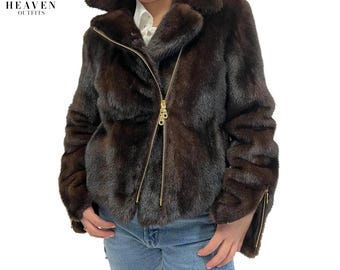 Women’s Real Brown Mink Fur Biker Jacket, Genuine Luxury Fur Motorcycle Coat, Handmade Winter Warm Outerwear, Vintage Style Gift For Her