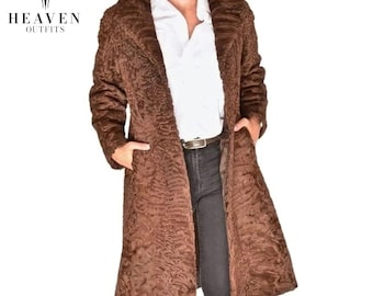 Women's Brown Swakara Lamb Fur Trench Coat, Genuine Karakul Astrakhan Full Length Overcoat, Luxury Handmade Winter Outerwear, Gift For Her