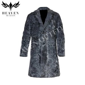 Men&#39;s Grey Persian Lamb Fur Long Coat - Handmade Karakul Astrakhan Winter Outerwear
