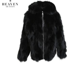 Men's & Women's Luxury Black Fox Fur Hooded Jacket, Genuine Fur Handmade Winter Coat, Warm Outdoor Parka, Christmas Gift, Gift For Him, Her