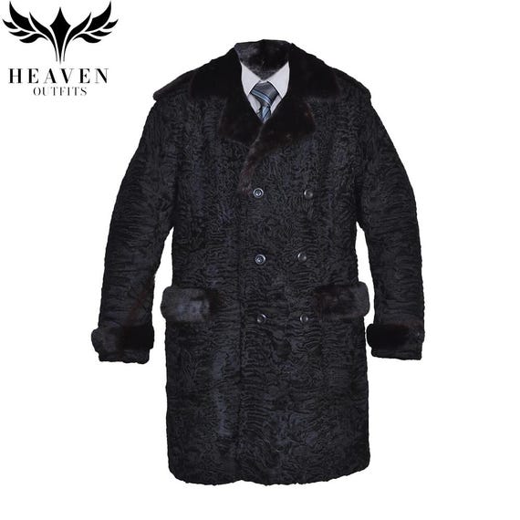 Men's Black Persian Lamb Fur Trench Coat, Real Karakul Astrakhan