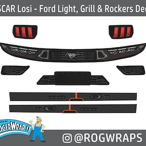 NASCAR Losi 1/12 - Replacement Lights Grill and Rocker Decal Sticker Kit - Ford Mustang -RC Decals Wraps Light