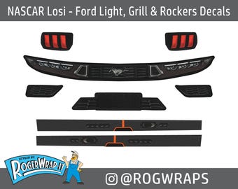 NASCAR Losi 1/12 - Replacement Lights Grill and Rocker Decal Sticker Kit - Ford Mustang -RC Decals Wraps Light