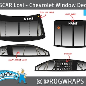 May include: A set of three NASCAR Chevrolet window decals for a car. The decals are black with a gray gradient and feature the text "NAME" and "DRIVER!" The decals are designed to be applied to the front and rear windows of a car.
