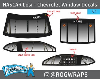 NASCAR Losi 1/12 - Chevy Camaro - Ford Mustang - Toyota Camry Replacement Window Glass Sticker Kit - RC Car Stockcar Graphics Decals Wraps
