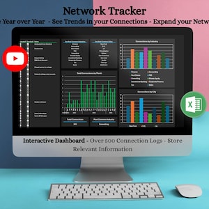 Pode incluir: Um monitor de computador exibindo um painel de controle de rastreamento de rede com gráficos. A tela mostra análise de dados, com o texto "Network Tracker" e "Interactive Dashboard". Inclui um tutorial do YouTube e é compatível com o Microsoft Excel.