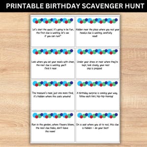 Chasse au trésor d&#39;anniversaire pour enfants à imprimer • Jeu amusant de fête d&#39;anniversaire • Indices de chasse au trésor d&#39;anniversaire à l&#39;intérieur et à l&#39;extérieur pour les enfants. Instantané