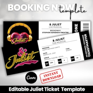 Bearbeitbares &Juliet Ticket, Juliet Broadway Musical Ticket 2025, Julia druckbare Broadway-Überraschungskarte, bearbeitbares Musiktheaterticket