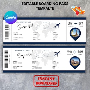 Modèle modifiable de carte d'embarquement Canva, billet de carte d'embarquement Canvas, billet d'embarquement imprimable, billet d'embarquement bricolage, téléchargement numérique. Cadeau de voyage
