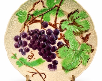 Vintage French Majolica Grape Plate | Barbotine Purple Grapes, Green Leaves (Made in France)
