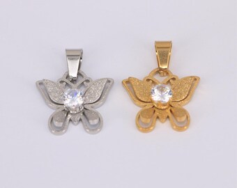 2 colgantes de mariposa de acero inoxidable en oro de 18 quilates, con circonitas, insectos, para bisutería (24 x 18 mm).