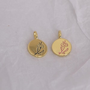 Birth Flower Charms, Gold Plated Birth Flower Round Charm,  Flower Tag Pendant Charm, Birthday Gift