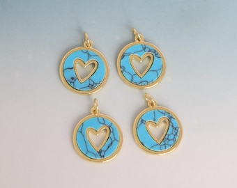 Breloque coeur or turquoise, pendentif coeur rond plaqué or 18 carats avec pierres précieuses pour la fabrication de bijoux à bricoler soi-même