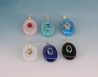 18K Gold Plated Zircon Stone Pendant, Oval Gemstone Charms,DIY Jewelry Making Supply Birthstone Findings
