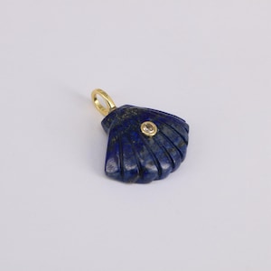 May include: A dark blue lapis lazuli seashell pendant with a gold bail and a small, round, clear stone. The pendant has carved lines and a polished finish, set against a white background.