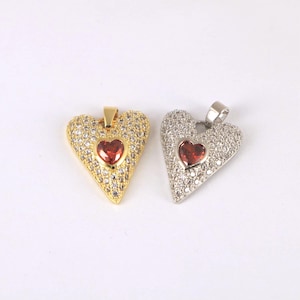 Red Zircon Heart Pendant,18K Gold Plated Heart Pendant, Micro Pave Heart Charm Necklace,DIY Jewelry Making