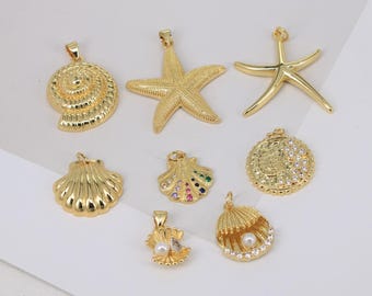 Charm coquillage zircone, breloque de collier coquillage plaqué or 18 carats, pendentif étoile de mer, pendentif coquillage délicat, fournitures pour bijoux DIY,