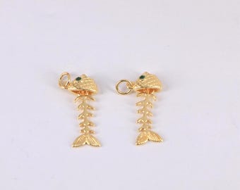 Gold Fish Bone Charm, 18K Gold Plated Dainty Fish Bone Pendant,DIY Jewelry Supplies