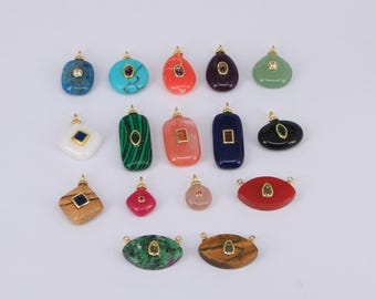 18K Gold Plated Natural Stone Pendant,Gemstone Minimalist Jewelry, Natural Stone Charm Bracelet Necklace for DIY Jewelry Making Supply