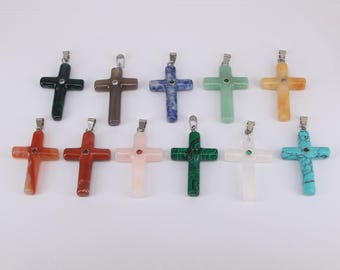 Natural Gemstone Carving Crystal Cross Pendant, Religious Jewelry 45x28mm