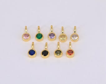 Gold Color CZ Round Birthstone Charm, Round Charm For Jewelry Making Supplies, Necklace Charm, CZ Stone Bezel Drop Charm 11x5mm