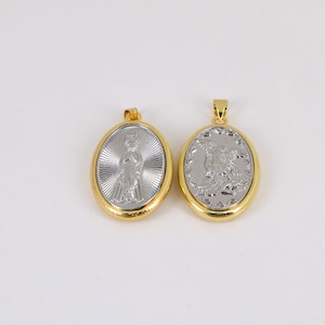 Two Tone White and Yellow Real Solid Gold Saint Michael Medallion Pendant, Saint Michael Pendant Virgin Virgin Mary Pendant Charm