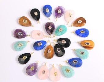 18K Gold Plated Teardrop Gemstone Charm, Setting Zircon Cut Stone Drop Pendant,DIY Jewelry Necklace Bracelet Finding 27x15mm