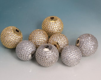 Gold CZ Pave Ball Beads 18mm 20mm , Solid Gold Round Spacer Beads, Disco Zircon Ball Jewelry Findings for Necklace