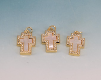 18k Gold Plated Cross Charm with Mother of Pearl Inlay, Religious Pendant for Necklace Bracelet, Christian Faith Jewelry Making