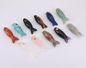Gold Gemstones Carved Fish Pendant,Inlaid Colored Zircon Stone Charm for Necklace Jewelry Making  Supply