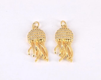 Zircon Jellyfish Pendant Ocean Charm, 18K Gold Plated Brass Pendant, DIY Jewelry Necklace Bracelet Making Supply