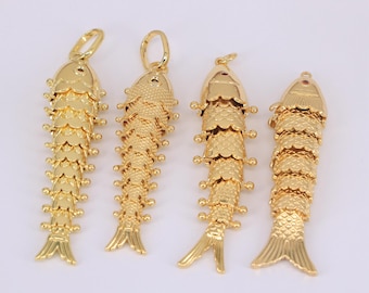 18K Gold Plated 3D Fish Charm,Gold Articulated Fish Pendant,Ocean Jewelry,DIY Jewelry Making Findings