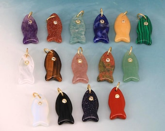 Gemstone Fish Pendant Natural Stone CZ Charm for Necklace Bracelet Jewelry Making DIY Supply 12x24mm
