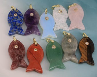 18K Gold Plated Gemstone Fish Pendant,Opal/Tiger Eye/LapisLazuli/ Rose Quartz/Clear Quartz Stone,Necklace Jewelry Making Supply