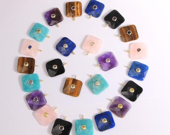 Ciondolo con pietra preziosa di quarzo rosa viola con zirconi cubici placcato oro, ciondolo con pietra occhio di tigre lapislazzuli quadrata, accessori per collana 32 x 25 mm