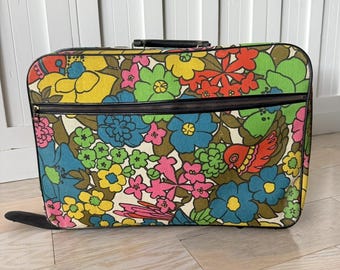 Valise de voyage rétro groovy avec fleurs mod, toile de voyage hippie bohème MCM années 60
