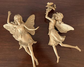Vintage Gold Fairy Wall Plaque Hanging Wall Decor 12" Set Of 2