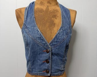 Vintage Rose Hips Jean Vest Hippie Woodstock Size Small  Boho